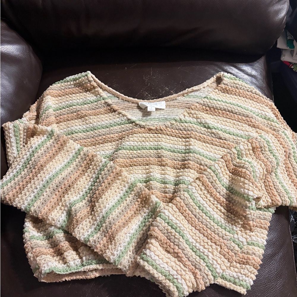 Striped V-Neck Sweater - Green and Tan